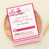 Roze Owl Birthday Party Invitation Kaart