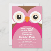 Roze Owl Birthday Party Invitation Kaart (Voorkant)