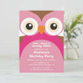Roze Owl Birthday Party Invitation Kaart (Staand voorkant)