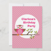 Roze Owl Birthday Party Invitation Kaart (Achterkant)
