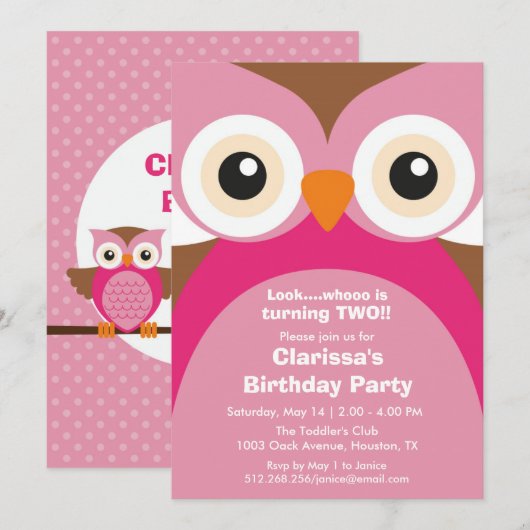 Roze Owl Birthday Party Invitation Kaart (Voorkant / Achterkant)