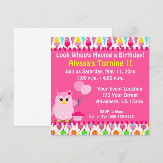 Roze Owl Birthday Uitnodiging (Voorkant / Achterkant)