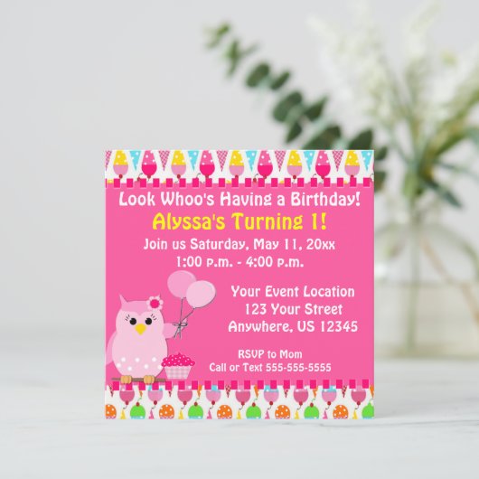 Roze Owl Birthday Uitnodiging (Staand voorkant)