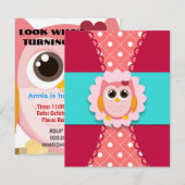 Roze Owl Birthday Uitnodiging voor kinderen (Voorkant / Achterkant)