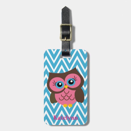 Roze Owl Chevron Custom Monogram Bagagelabel (Voorkant verticaal)