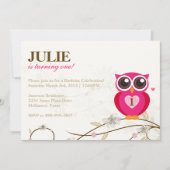 Roze Owl First Birthday Party Invitation Kaart (Voorkant)