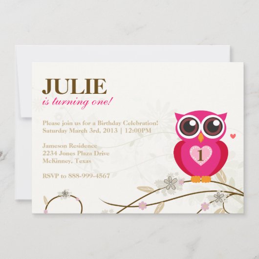 Roze Owl First Birthday Party Invitation Kaart (Voorkant)