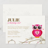 Roze Owl First Birthday Party Invitation Kaart (Voorkant / Achterkant)