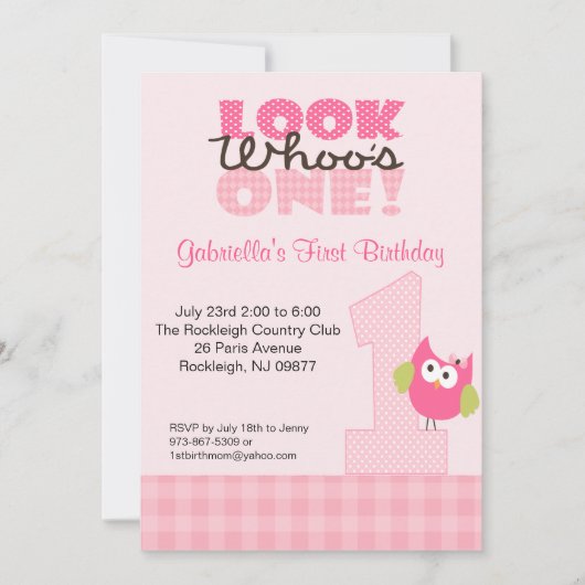 Roze Owl Groot Aantal 1st de Uitnodiging van de Ge (Voorkant)