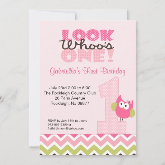 Roze Owl Groot Aantal 1st de Uitnodiging van de Ge (Voorkant)