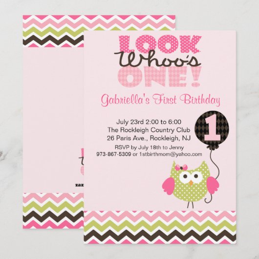 Roze Owl Kijk eens wie er één dag uitgenodigd is Kaart (Voorkant / Achterkant)