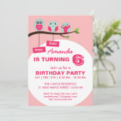 Roze Owl Polka Dots Birthday Uitnodiging voor kind (Staand voorkant)
