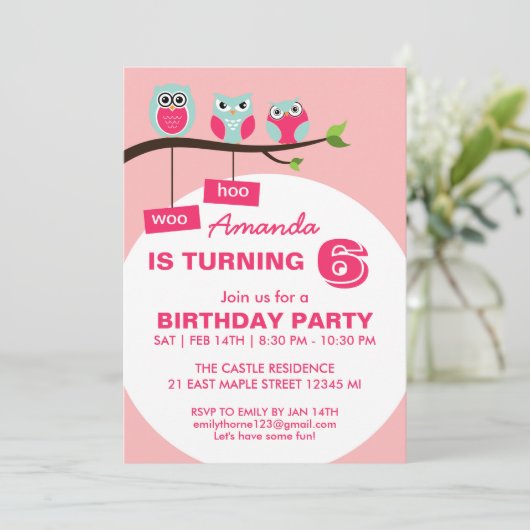 Roze Owl Polka Dots Birthday Uitnodiging voor kind (Staand voorkant)