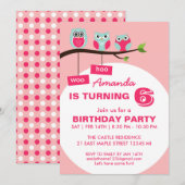 Roze Owl Polka Dots Birthday Uitnodiging voor kind (Voorkant / Achterkant)