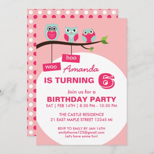 Roze Owl Polka Dots Birthday Uitnodiging voor kind (Voorkant / Achterkant)