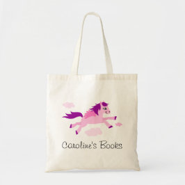 Roze paard met vleugels gepersonaliseerd bibliothe tote bag