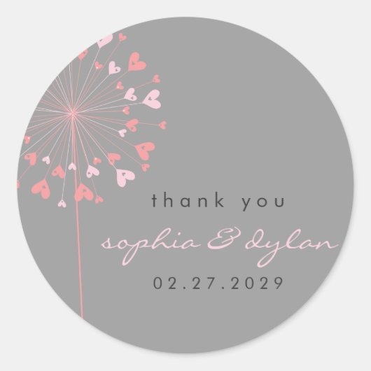 Roze Paardebloem Bloem Liefde Harten Zomer Bruilof Ronde Sticker (Voorkant)