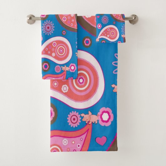 Roze paardehanddoekjes met blauw Paisley Bad Handdoek (Insitu)