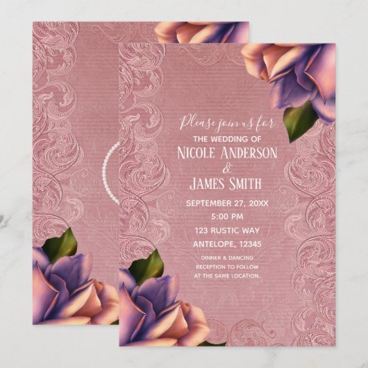 Roze Paars Antiek Roos Elegant Wedding Kaart (Voorkant / Achterkant)
