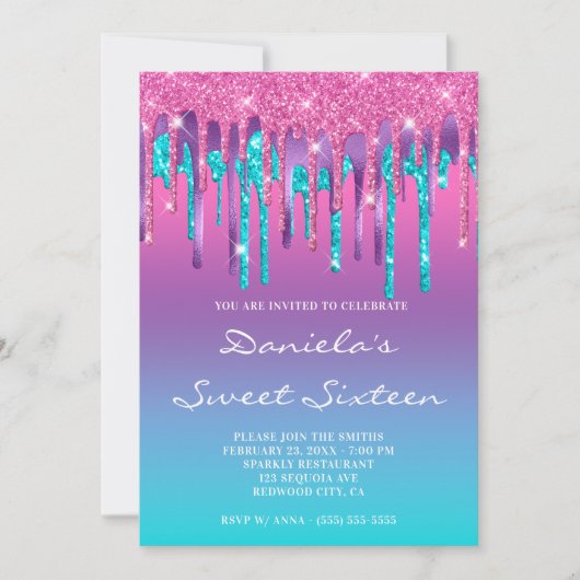 Roze Paars Aqua Teal Gradiënt Druppel Sweet Sixtee Kaart (Voorkant)