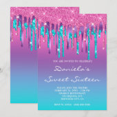 Roze Paars Aqua Teal Gradiënt Druppel Sweet Sixtee Kaart (Voorkant / Achterkant)