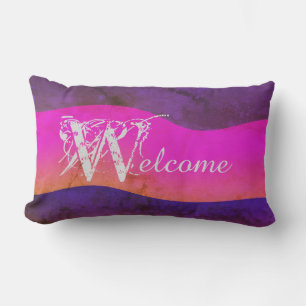 Roze Paars Blauw Aquarel Chic Buiten "Welkom" Buitenkussen