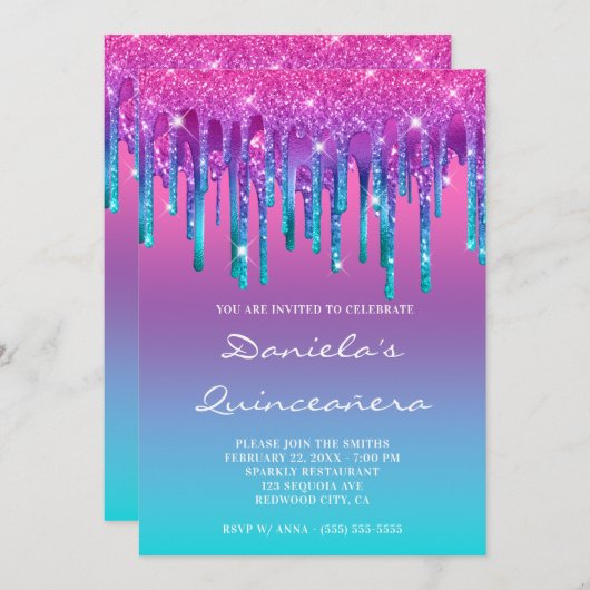 Roze Paars blauw Blauwgroen grijpgradiënt Quinceañ Kaart (Voorkant / Achterkant)