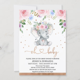 Roze Paars Blauw Floral Elephant Baby shower Kaart