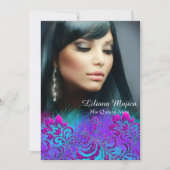 Roze Paars Blauw Glitter Floral Quinceanera Invite Kaart (Voorkant)