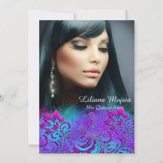 Roze Paars Blauw Glitter Floral Quinceanera Invite Kaart (Voorkant)