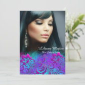 Roze Paars Blauw Glitter Floral Quinceanera Invite Kaart (Staand voorkant)