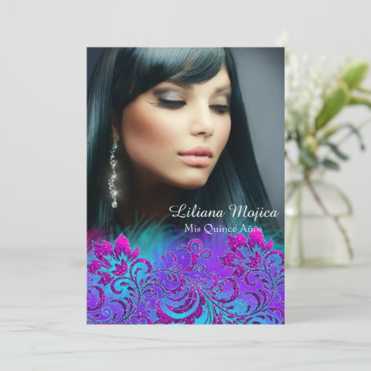 Roze Paars Blauw Glitter Floral Quinceanera Invite Kaart (Staand voorkant)
