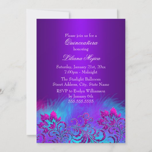 Roze Paars Blauw Glitter Floral Quinceanera Invite Kaart (Achterkant)
