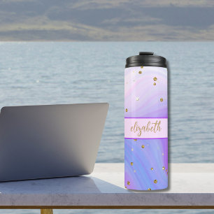 Roze Paars Blauw Gouden Glitter Monogram Thermosbeker