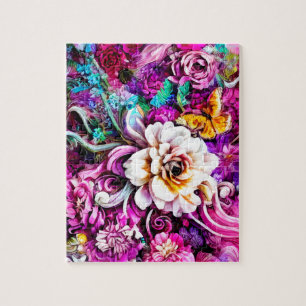Roze Paars Blauw Teal Witte Tuin Bloemen Fantasie Legpuzzel