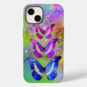 ROZE PAARS BLAUWE VLINDERS, GROEN GOUD GLINSTERING iPhone 14 HOESJE