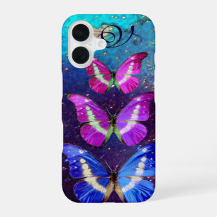 ROZE PAARS BLAUWE VLINDERS IN GOUDEN SPARKELS iPhone 16 HOESJE