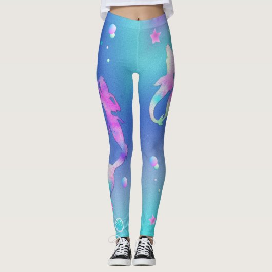 Roze Paars Blauwgroen Zee Ocean Mermaids Monogram  Leggings (Voorkant)