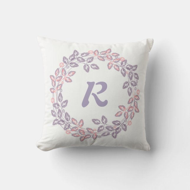 Roze, paars, botanische krans, gepersonaliseerd kussen (Voorkant)