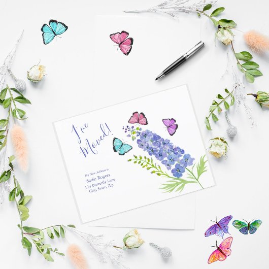 Roze, Paars, Butterflies Delphinium dat ik heb ver Aankondigingskaart
