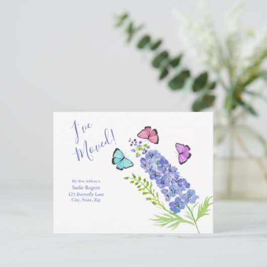 Roze, Paars, Butterflies Delphinium dat ik heb ver Aankondigingskaart (Staand voorkant)