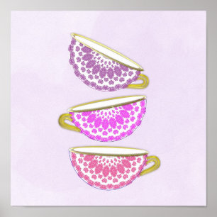  Roze Paars China Tea Cups Wall Art Poster
