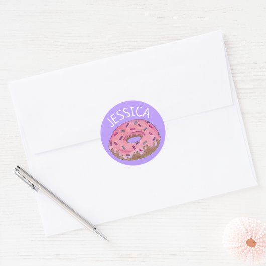 Roze Paars Donut Doughnut Sprinkles Gepersonalisee Ronde Sticker (Envelop)