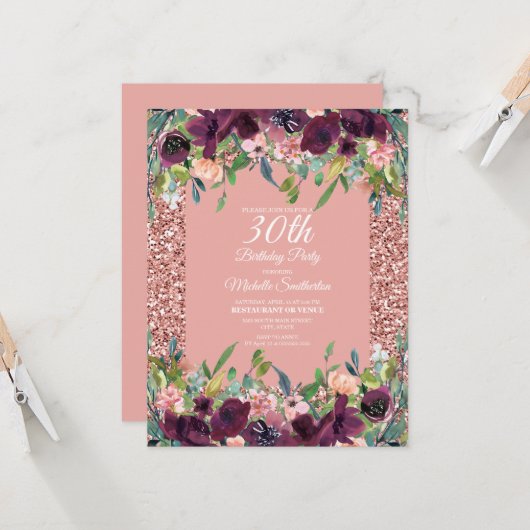 Roze Paars Floral 30e verjaardag van de 30e verjaa Kaart (Voorkant / Achterkant in situ)