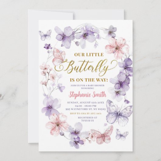 Roze Paars Floral Butterfly Baby shower Kaart (Voorkant)