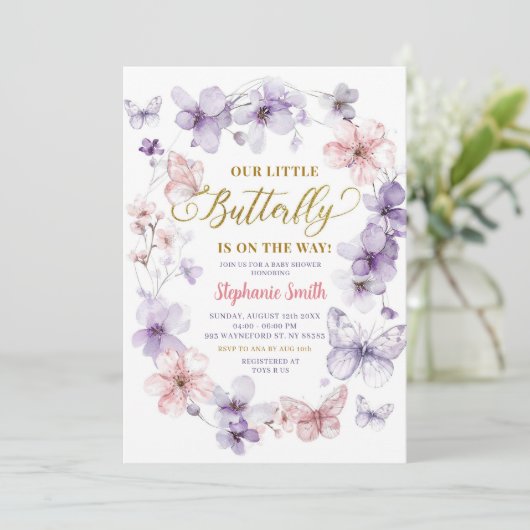 Roze Paars Floral Butterfly Baby shower Kaart (Staand voorkant)