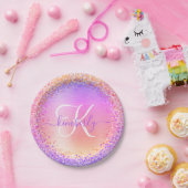 Roze Paars geborsteld metaal Glitter Monogram Naam Papieren Bordje (Feest)