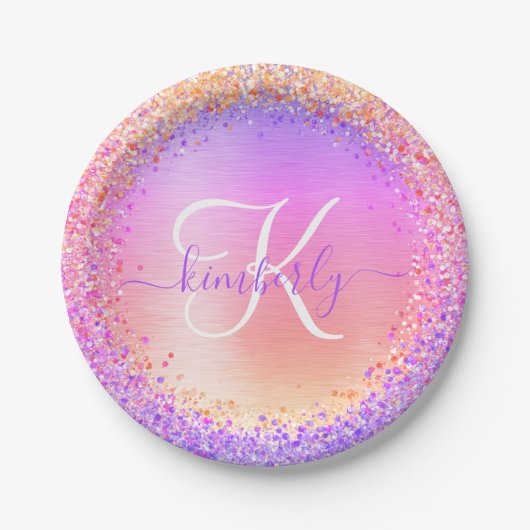 Roze Paars geborsteld metaal Glitter Monogram Naam Papieren Bordje (Voorkant)