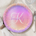 Roze Paars geborsteld metaal Glitter Monogram Naam Papieren Bordje<br><div class="desc">Pas dit trendy bord met kookpapier eenvoudig aan met  kleurrijk mousserend glitter op een geborstelde metalen achtergrond.</div>