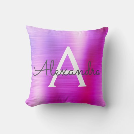 Roze Paars geborsteld Metaal Monogram Naam Initiaa Kussen (Voorkant)